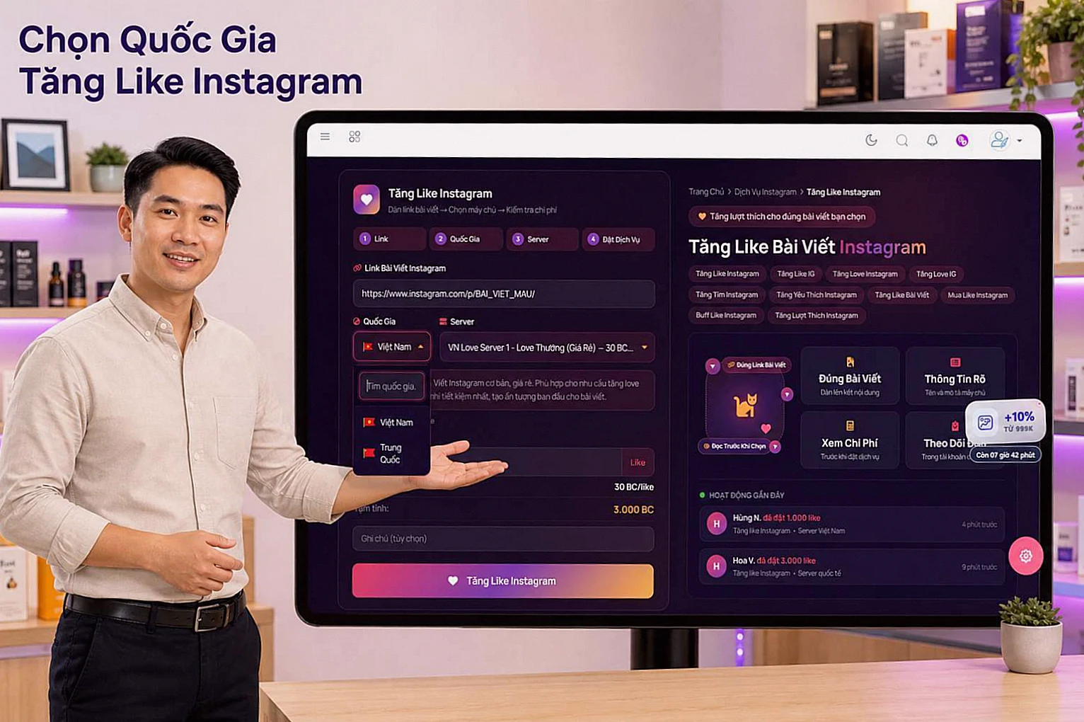 Hướng dẫn tăng like Instagram bước 2 - Dán liên kết và chọn quốc gia