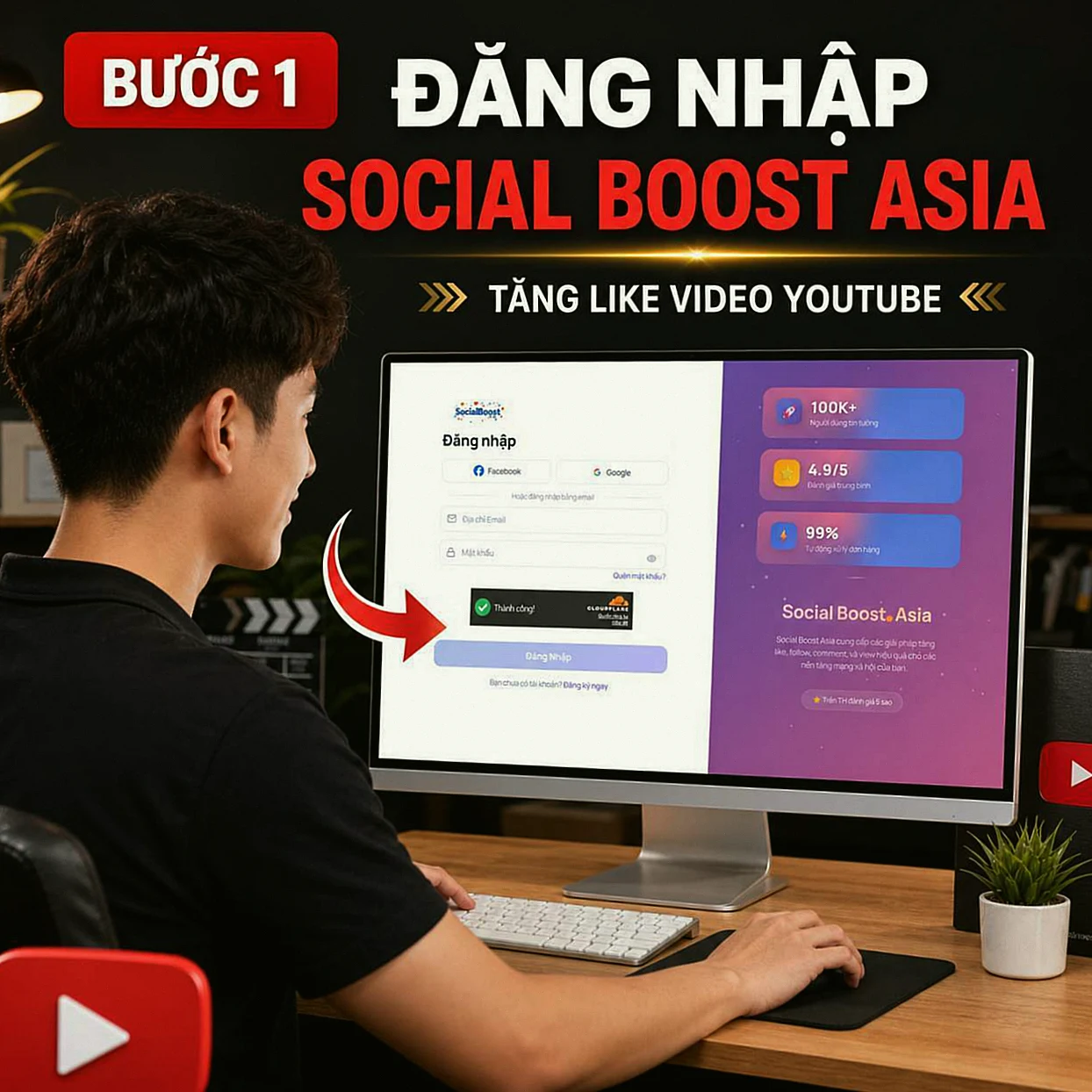 Người làm nội dung đăng nhập Social Boost Asia trước khi tăng like video YouTube