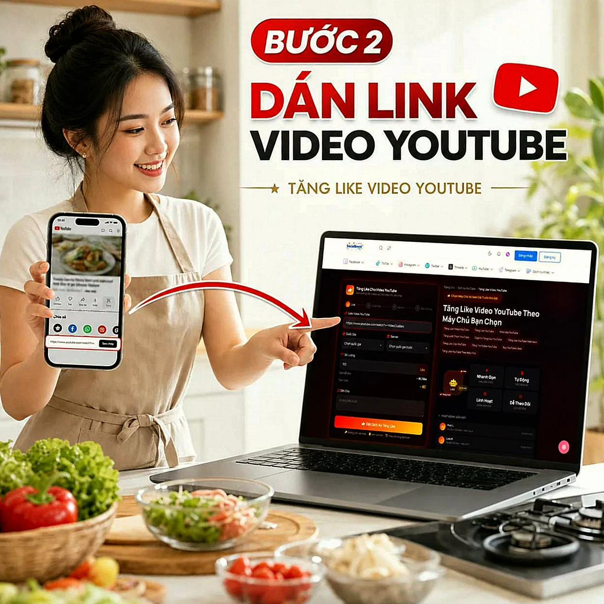 Người sáng tạo dán đường dẫn video vào biểu mẫu tăng like YouTube