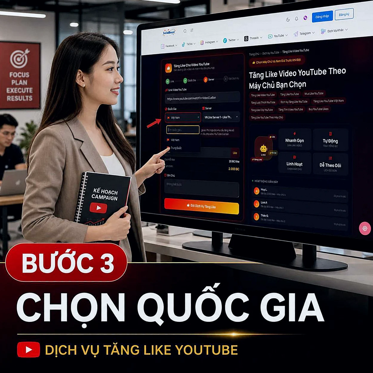 Chuyên viên nội dung chọn quốc gia khi đặt dịch vụ tăng like video YouTube