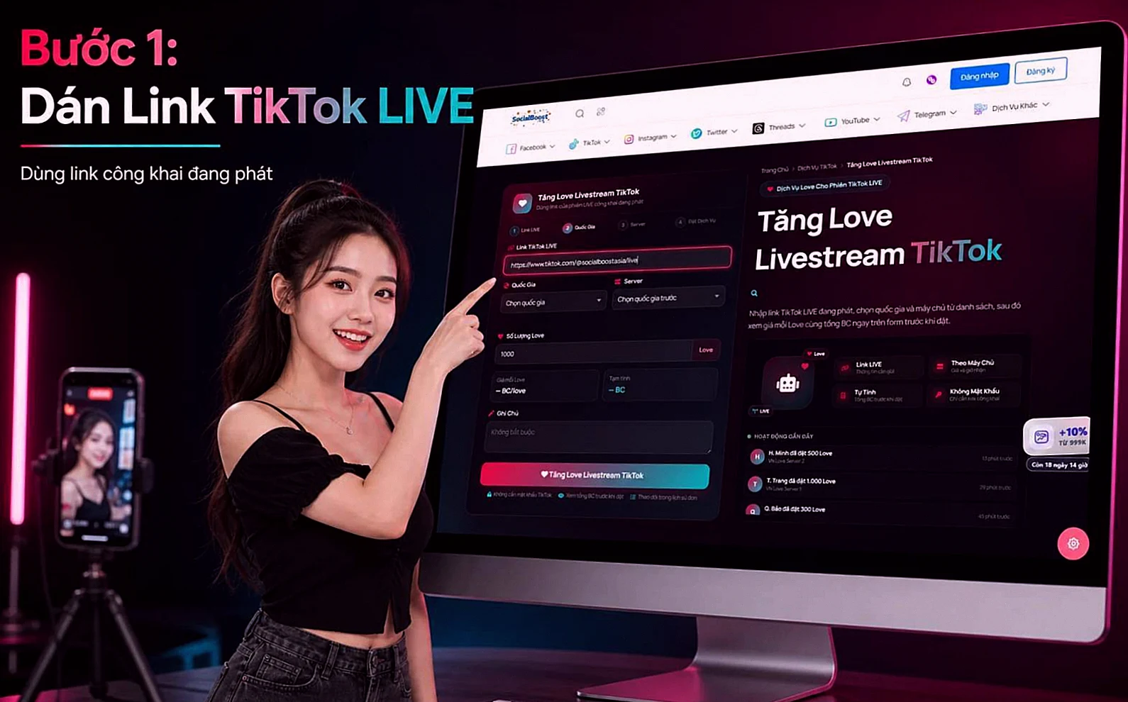 Hướng dẫn dán link TikTok LIVE công khai để tăng love livestream TikTok