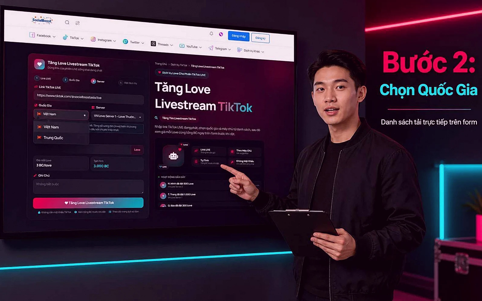 Hướng dẫn chọn quốc gia khi đặt tăng tim livestream TikTok