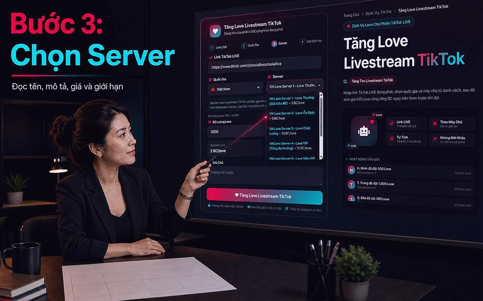 Hướng dẫn chọn máy chủ buff like livestream TikTok theo thông tin hiển thị