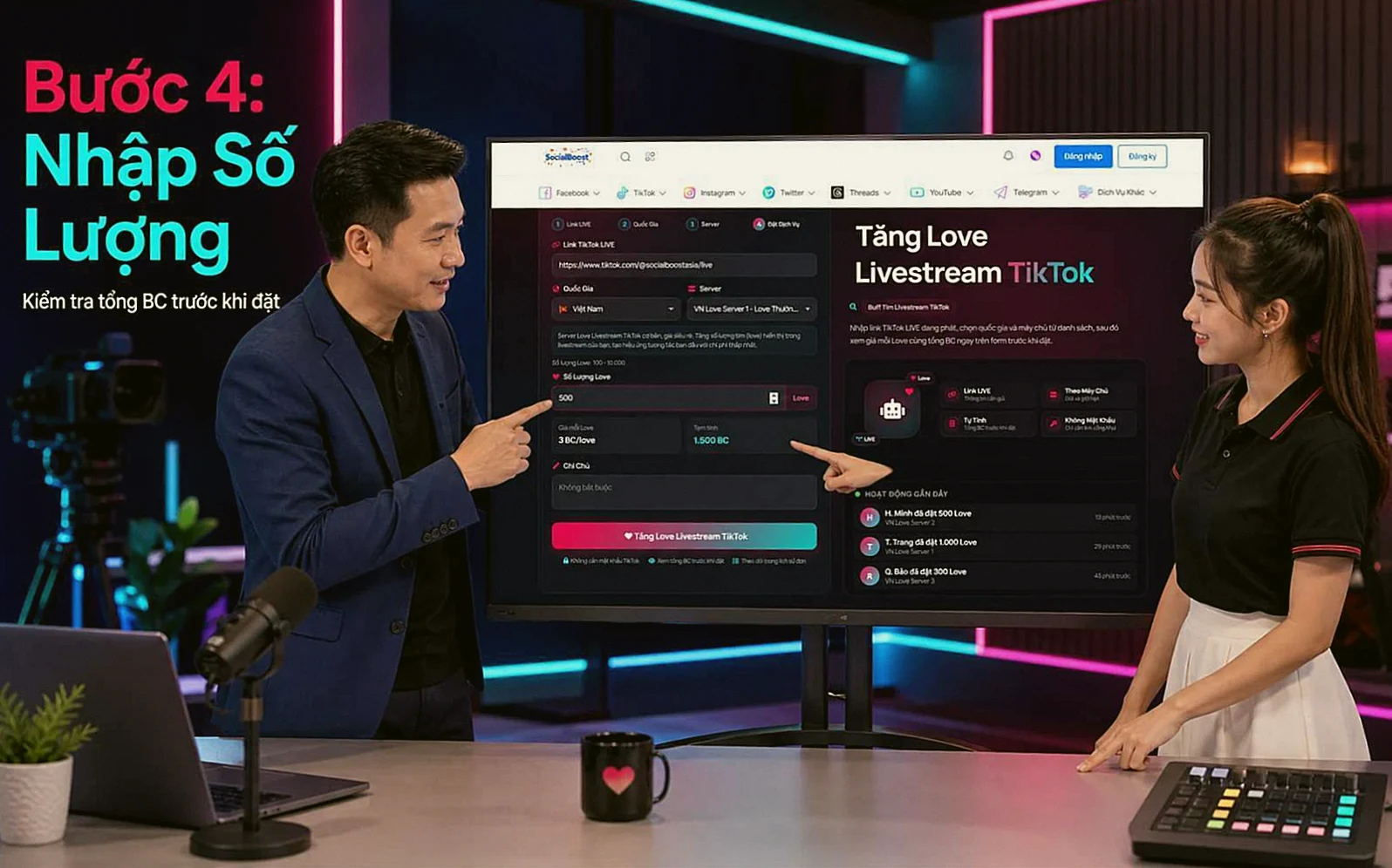 Hướng dẫn nhập số lượng và xem tổng BC tăng like livestream TikTok