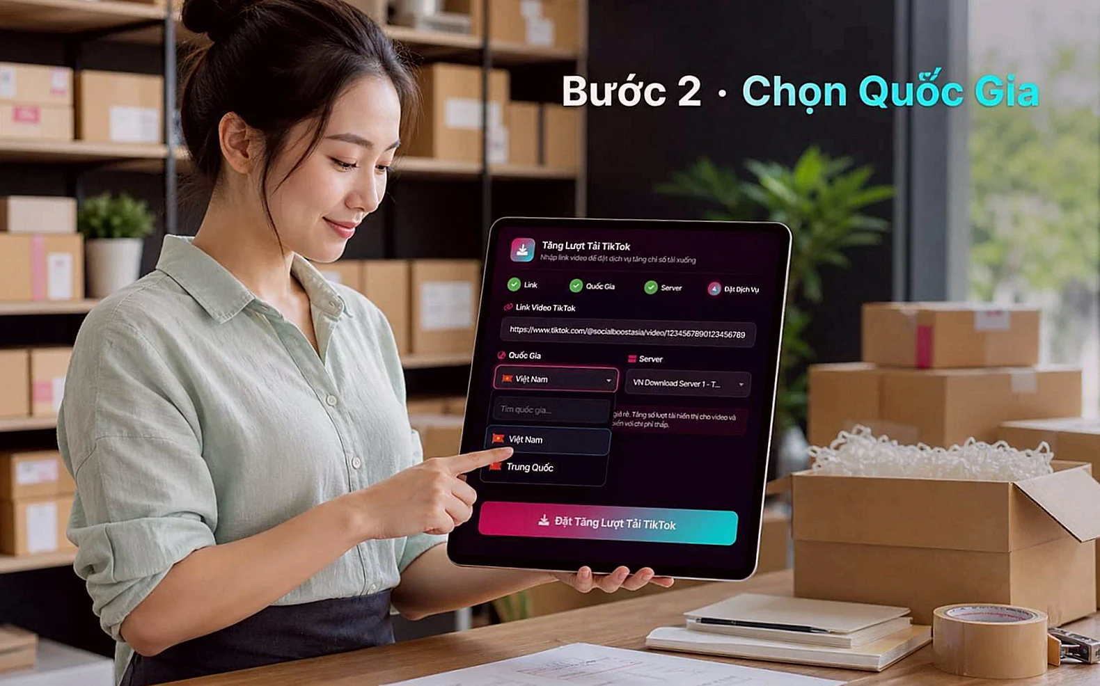 Bước 2 chọn quốc gia khi đặt tăng lượt tải TikTok
