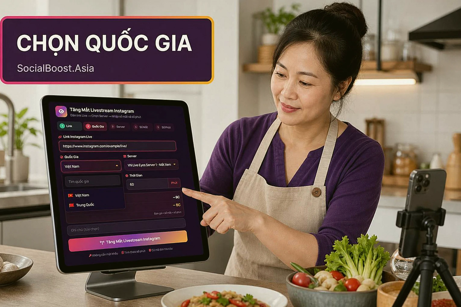 Khách hàng chọn quốc gia khi tăng người xem Instagram Live
