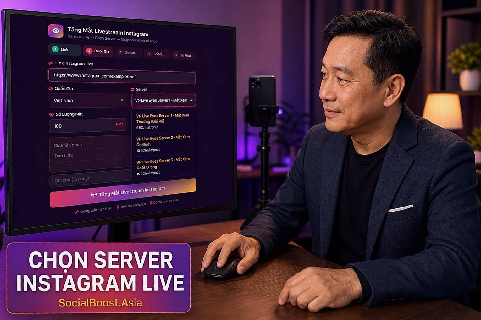 Người dùng chọn Server tăng mắt live Instagram trong biểu mẫu