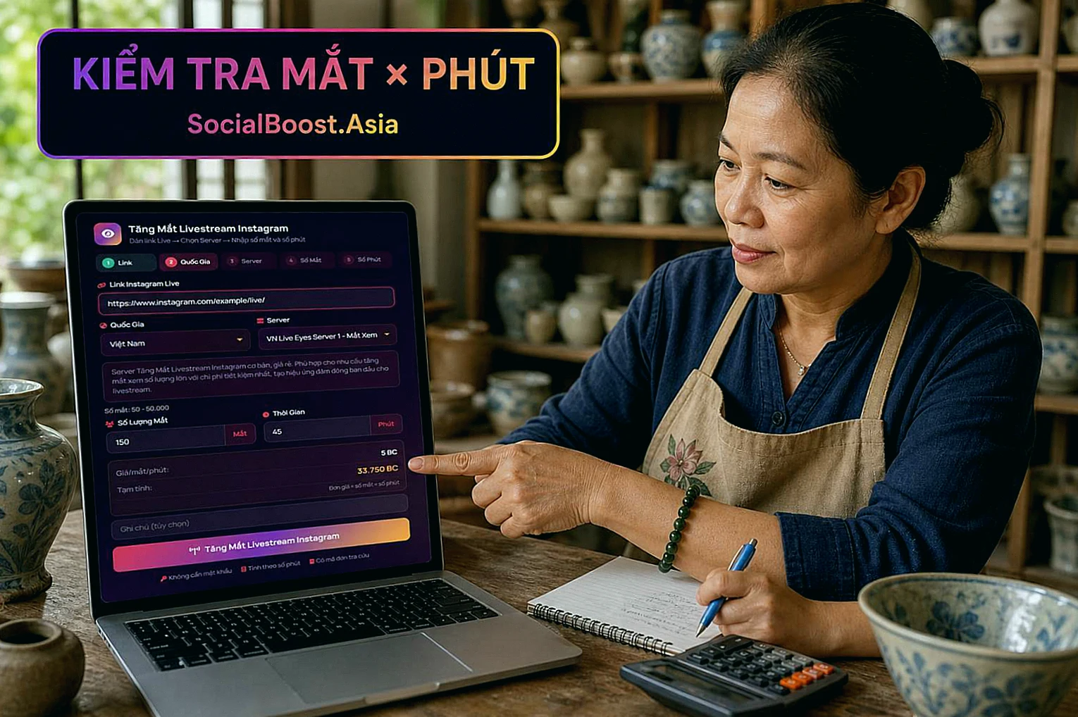 Khách hàng kiểm tra số mắt số phút và tạm tính khi đặt tăng mắt livestream Instagram