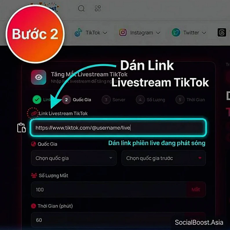 Hướng Dẫn Tăng Mắt Livestream TikTok Bước 2 - Dán Link Phiên Live