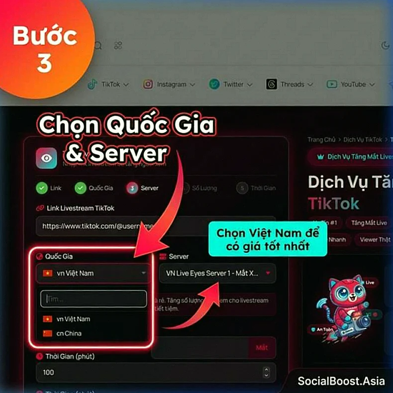 Hướng Dẫn Tăng Mắt Livestream TikTok Bước 3 - Chọn Quốc Gia Và Server