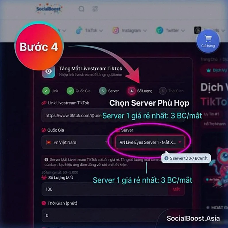 Hướng Dẫn Tăng Mắt Livestream TikTok Bước 4 - Chọn Server Phù Hợp