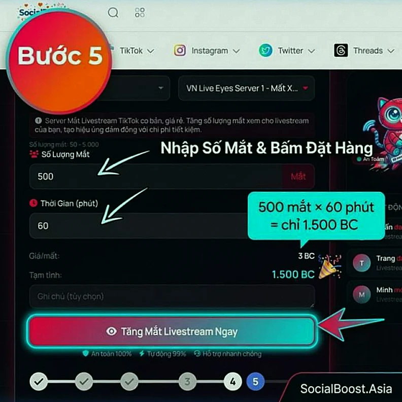 Hướng Dẫn Tăng Mắt Livestream TikTok Bước 5 - Nhập Số Mắt Và Đặt Hàng
