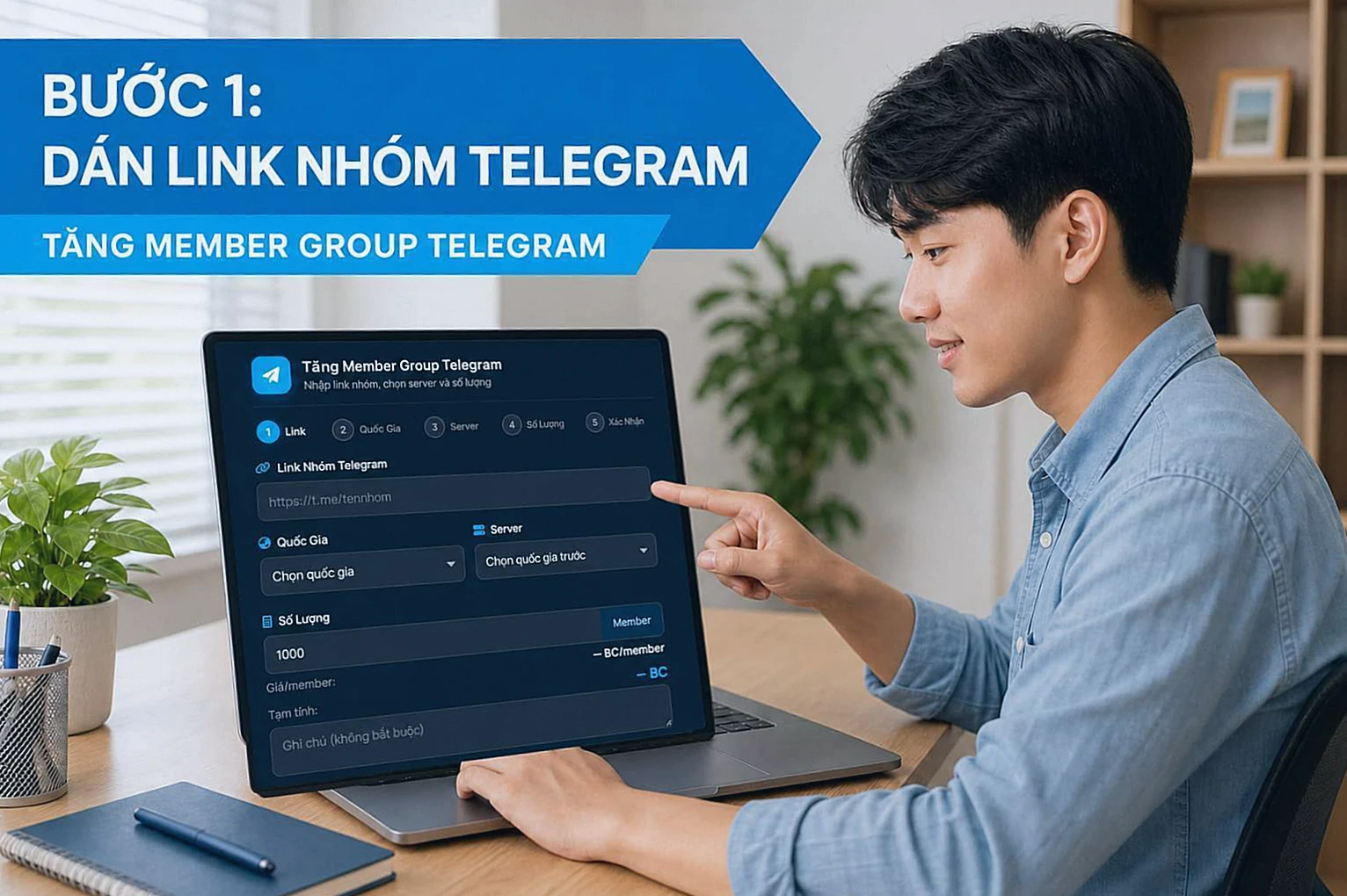 Bước 1: Mở dịch vụ và nhập link nhóm khi tăng member group Telegram