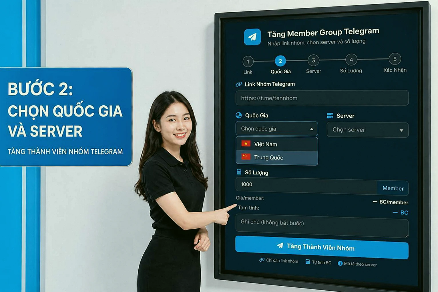 Bước 2: Chọn quốc gia và server khi tăng member group Telegram