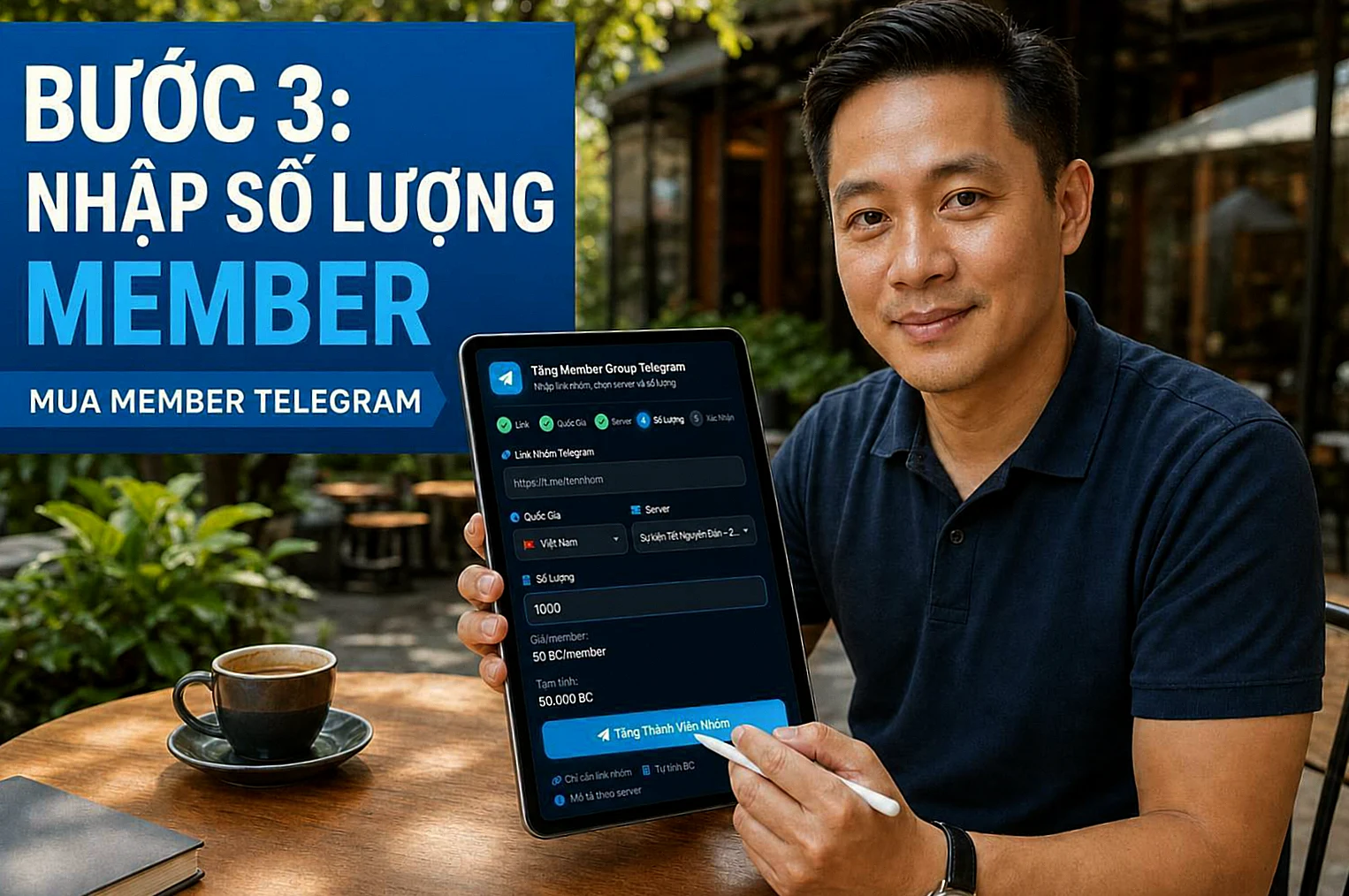 Bước 3: Nhập số lượng và kiểm tra tạm tính khi tăng member group Telegram