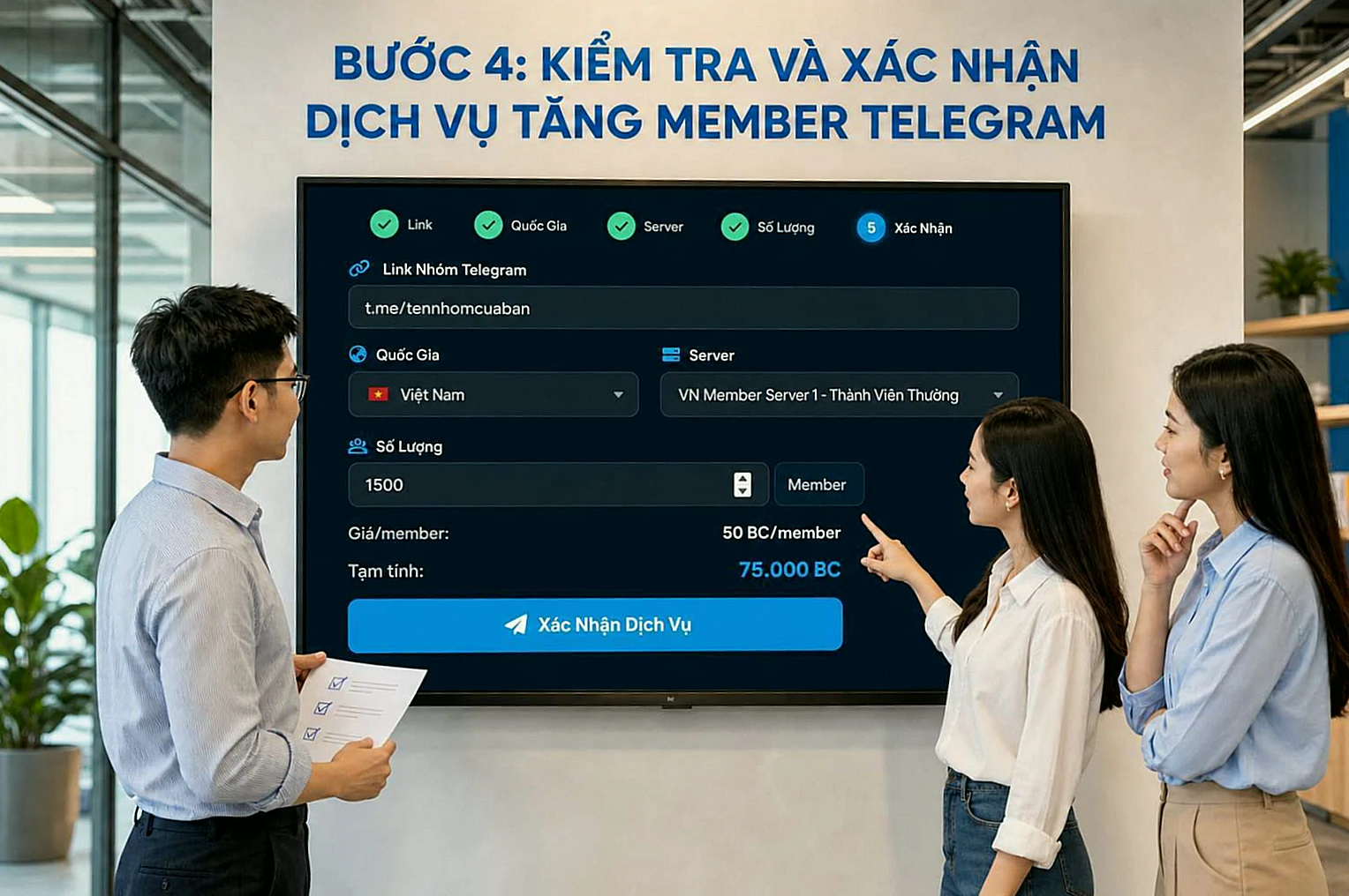Bước 4: Xác nhận và theo dõi đơn khi tăng member group Telegram