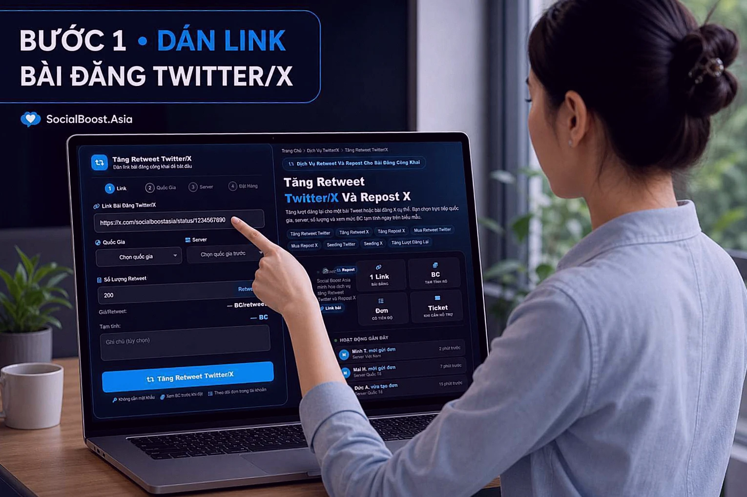 Hướng dẫn tăng Retweet Twitter bước 1 dán link bài đăng vào biểu mẫu Social Boost Asia