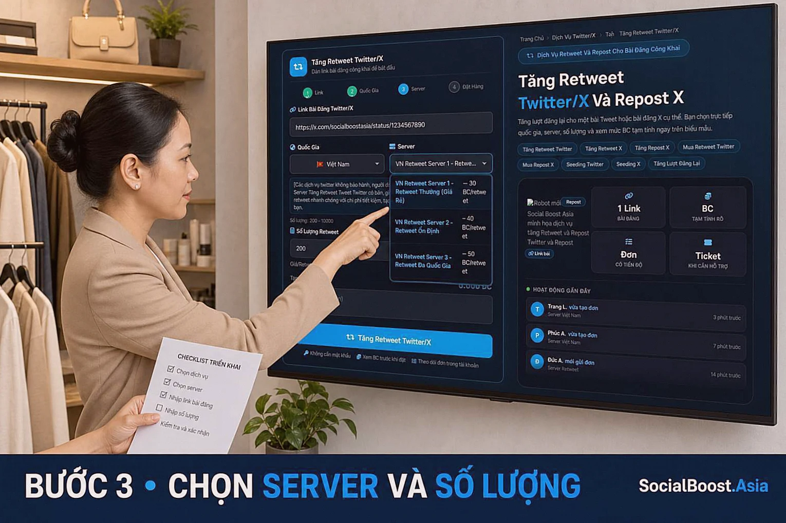 Hướng dẫn seeding Twitter bước 3 chọn server và nhập số lượng Retweet