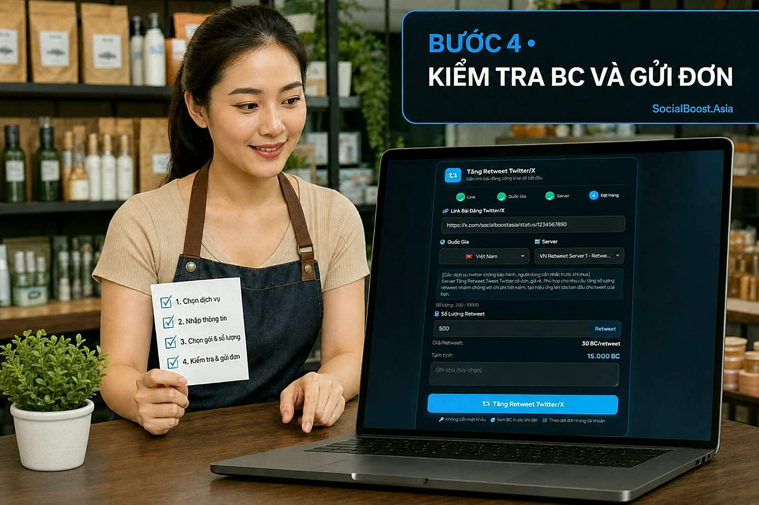Hướng dẫn mua Retweet Twitter bước 4 kiểm tra BC và gửi đơn trên Social Boost Asia