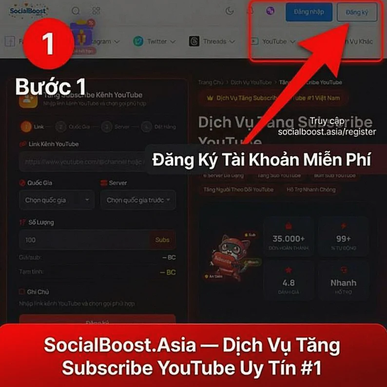 Hướng dẫn tăng subscribe YouTube bước 1 - Đăng ký tài khoản Social Boost Asia