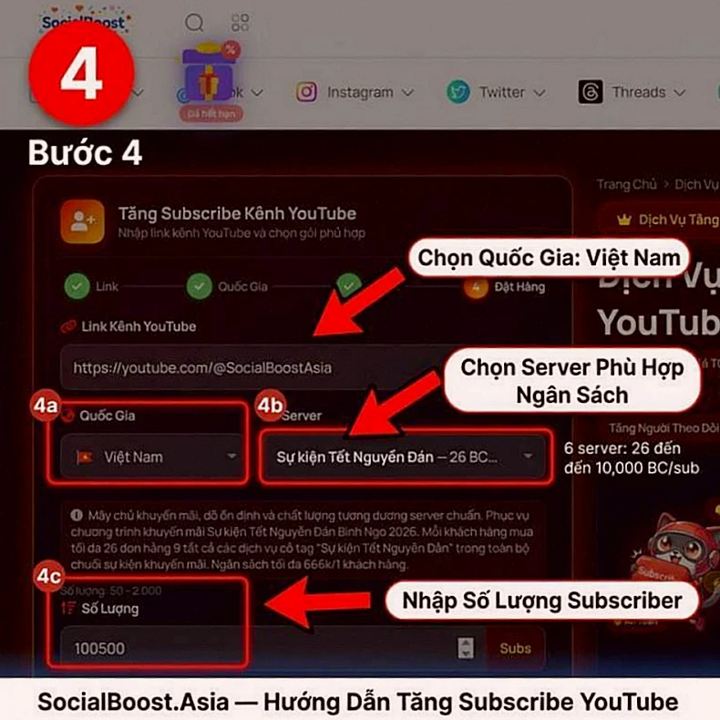 Hướng dẫn tăng subscribe YouTube bước 4 - Chọn quốc gia server và số lượng subscriber