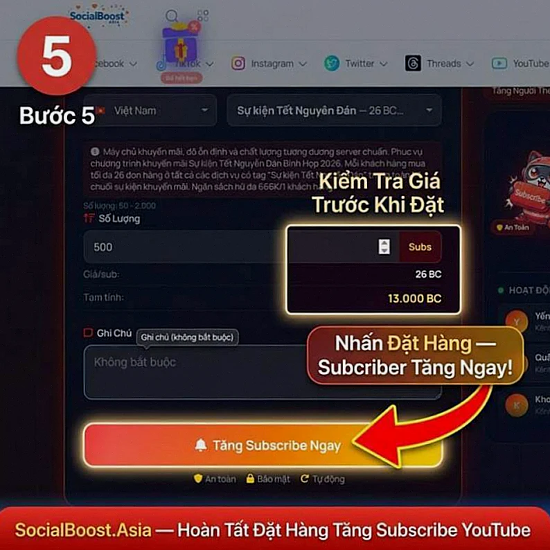 Hướng dẫn tăng subscribe YouTube bước 5 - Xác nhận đặt hàng và nhận subscriber tự động