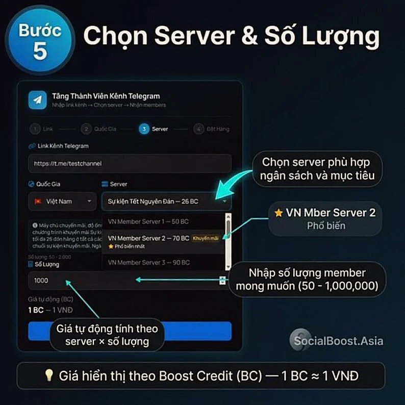 Bước 5 — Chọn server và nhập số lượng member