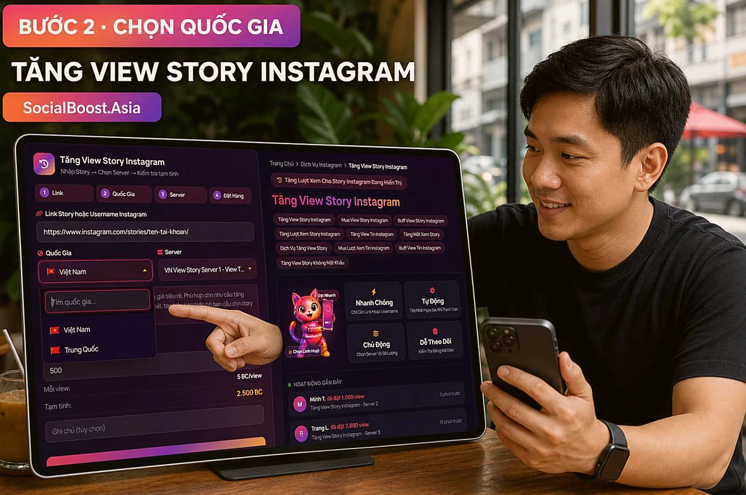 Người dùng chọn quốc gia trên form tăng view Story Instagram