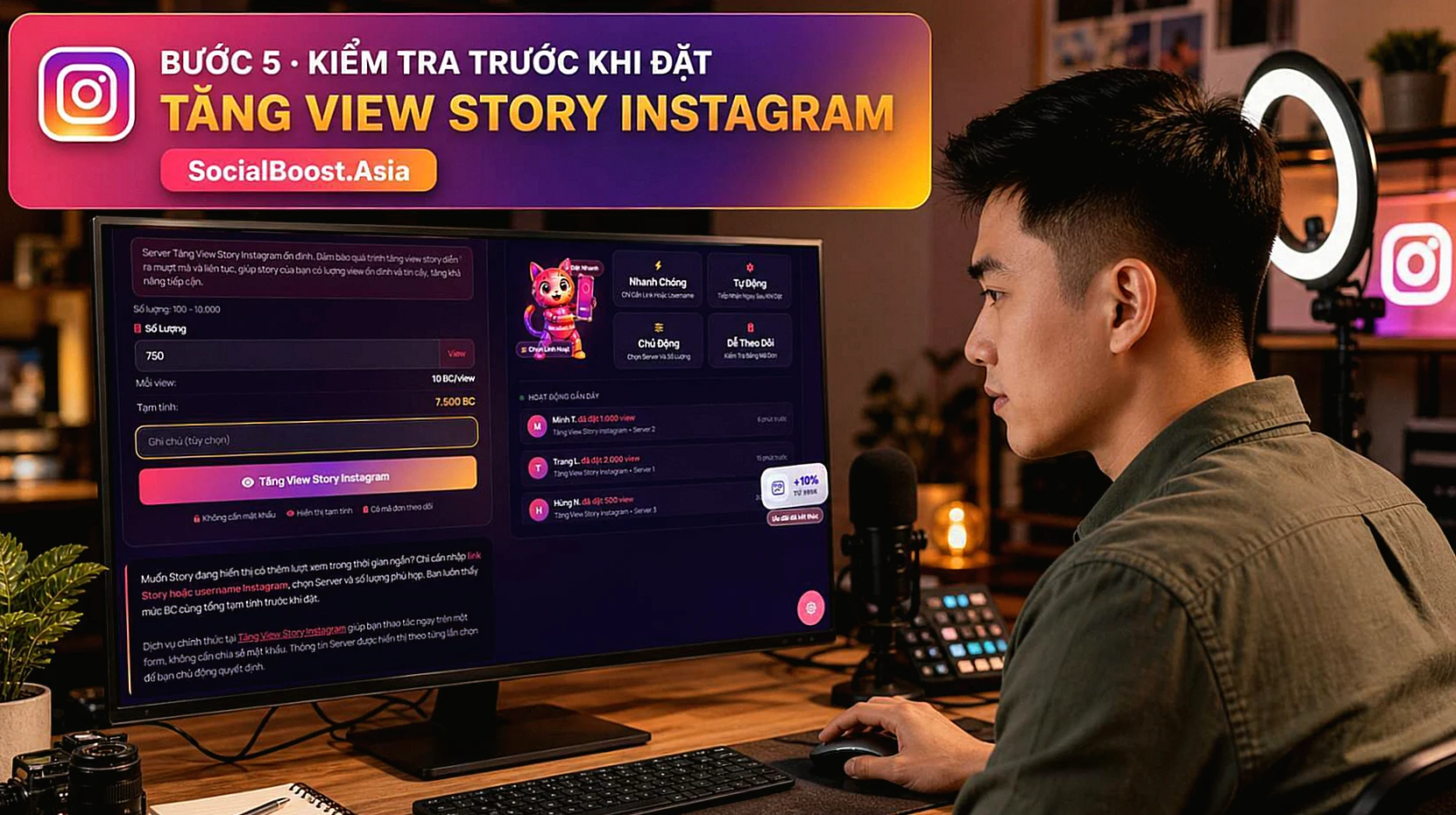 Người sáng tạo kiểm tra tổng BC trước khi đặt dịch vụ tăng view Story Instagram
