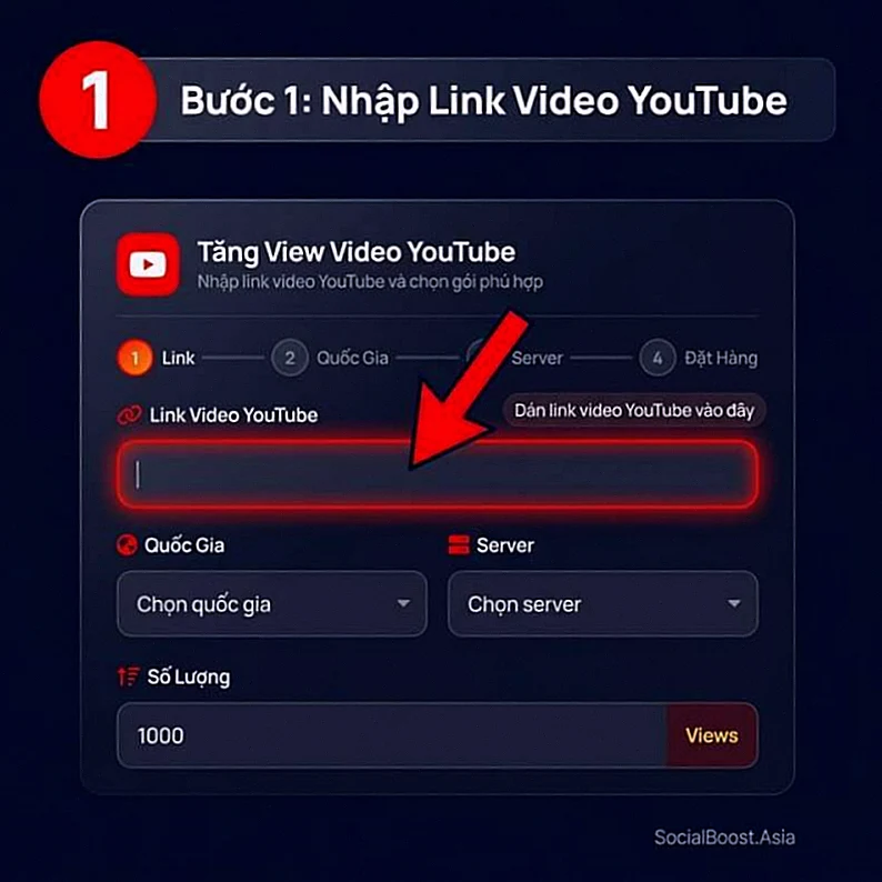 Bước 1 tăng view YouTube - Nhập link video YouTube vào form đặt hàng tại Social Boost Asia