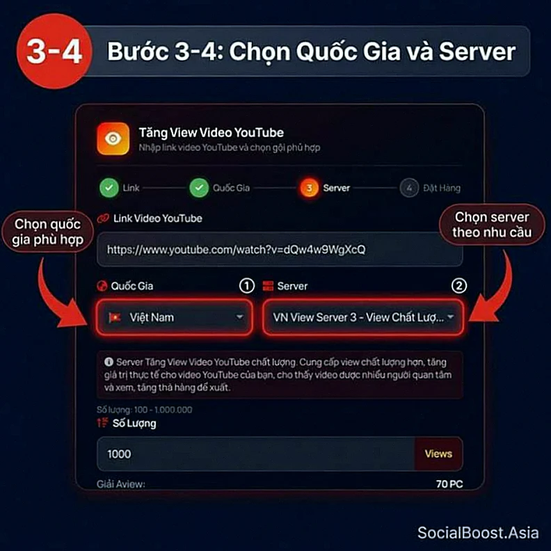 Bước 3-4 tăng view YouTube - Chọn quốc gia và server