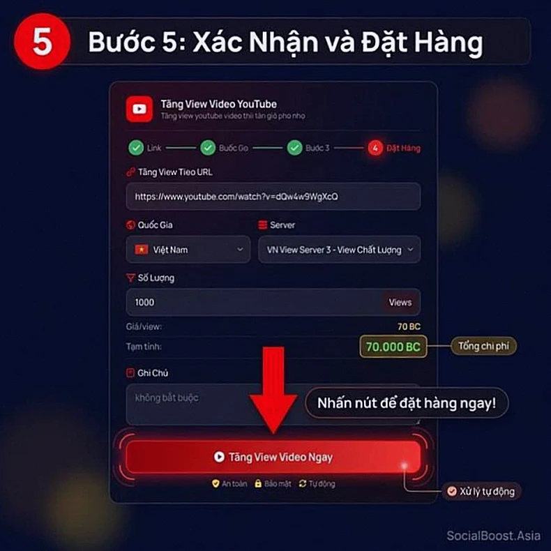 Bước 5 tăng view YouTube - Xác nhận đơn hàng và nhấn nút đặt hàng