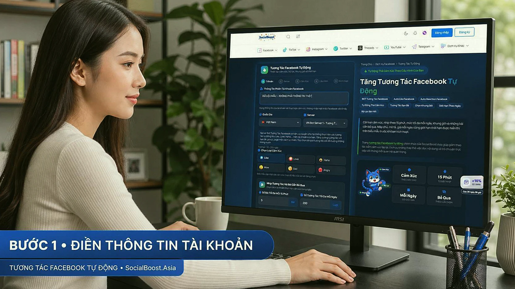 Người Việt thực hiện bước 1 điền thông tin tài khoản để cài BOT tương tác Facebook