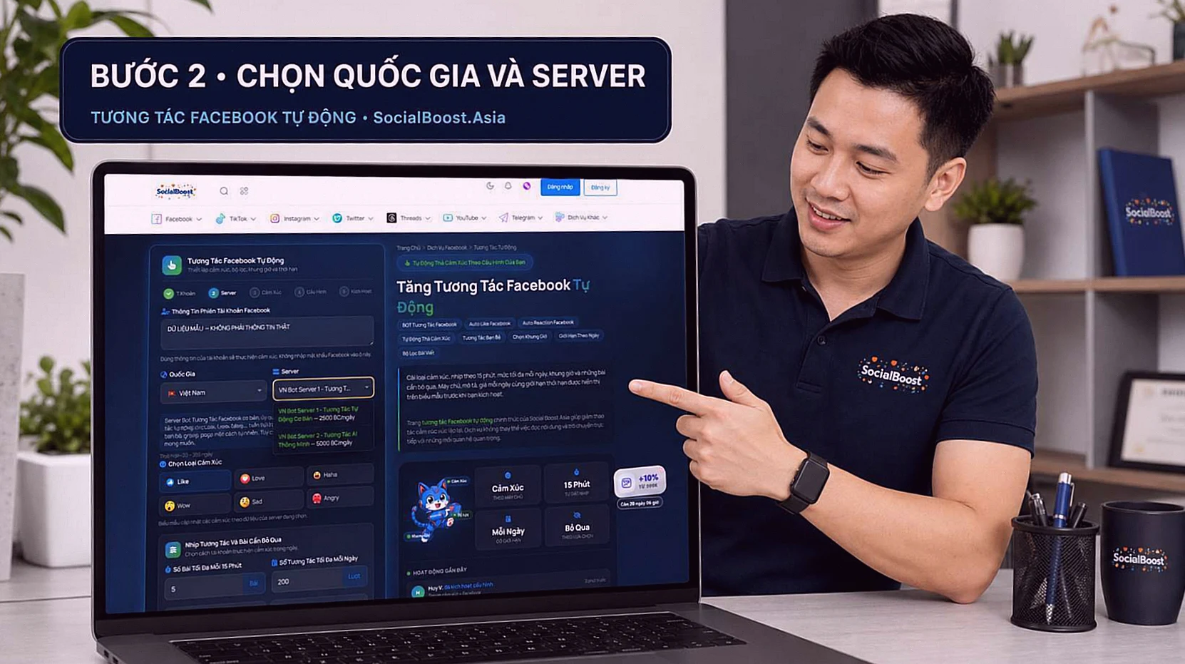 Nhân viên marketing thực hiện bước 2 chọn quốc gia và máy chủ BOT tương tác Facebook