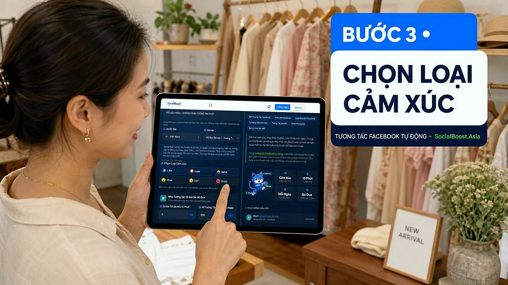 Chủ cửa hàng thực hiện bước 3 chọn loại cảm xúc cho BOT tương tác Facebook