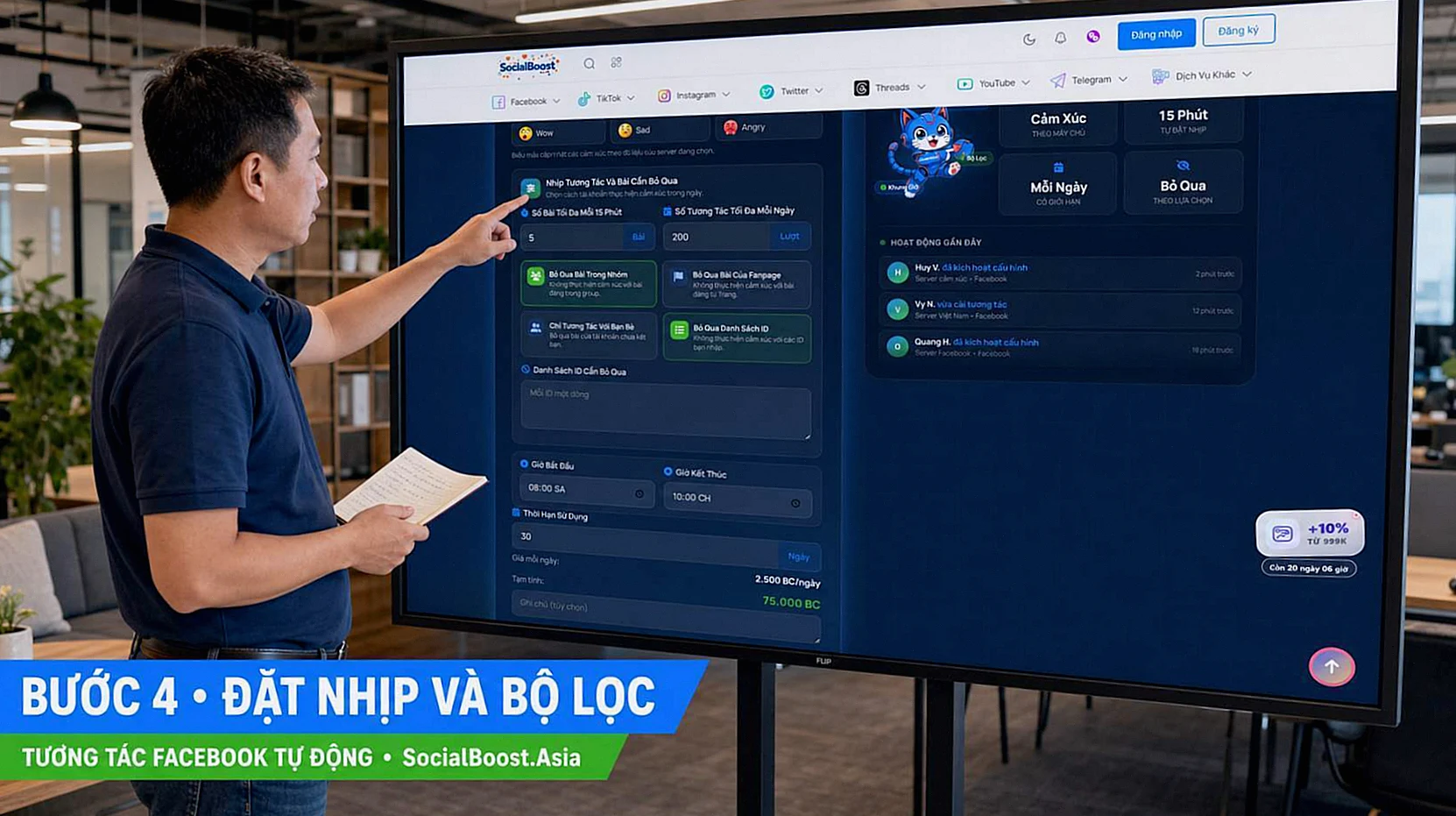 Người quản lý cộng đồng thực hiện bước 4 đặt nhịp và bộ lọc BOT tương tác Facebook