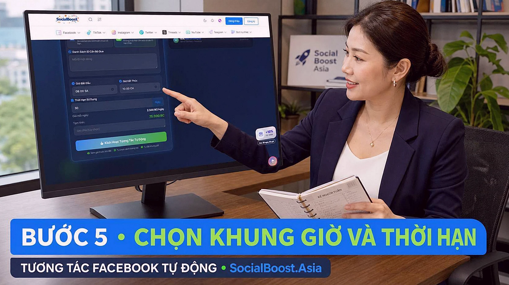 Nhân viên bán hàng thực hiện bước 5 chọn khung giờ và số ngày cho BOT tương tác Facebook