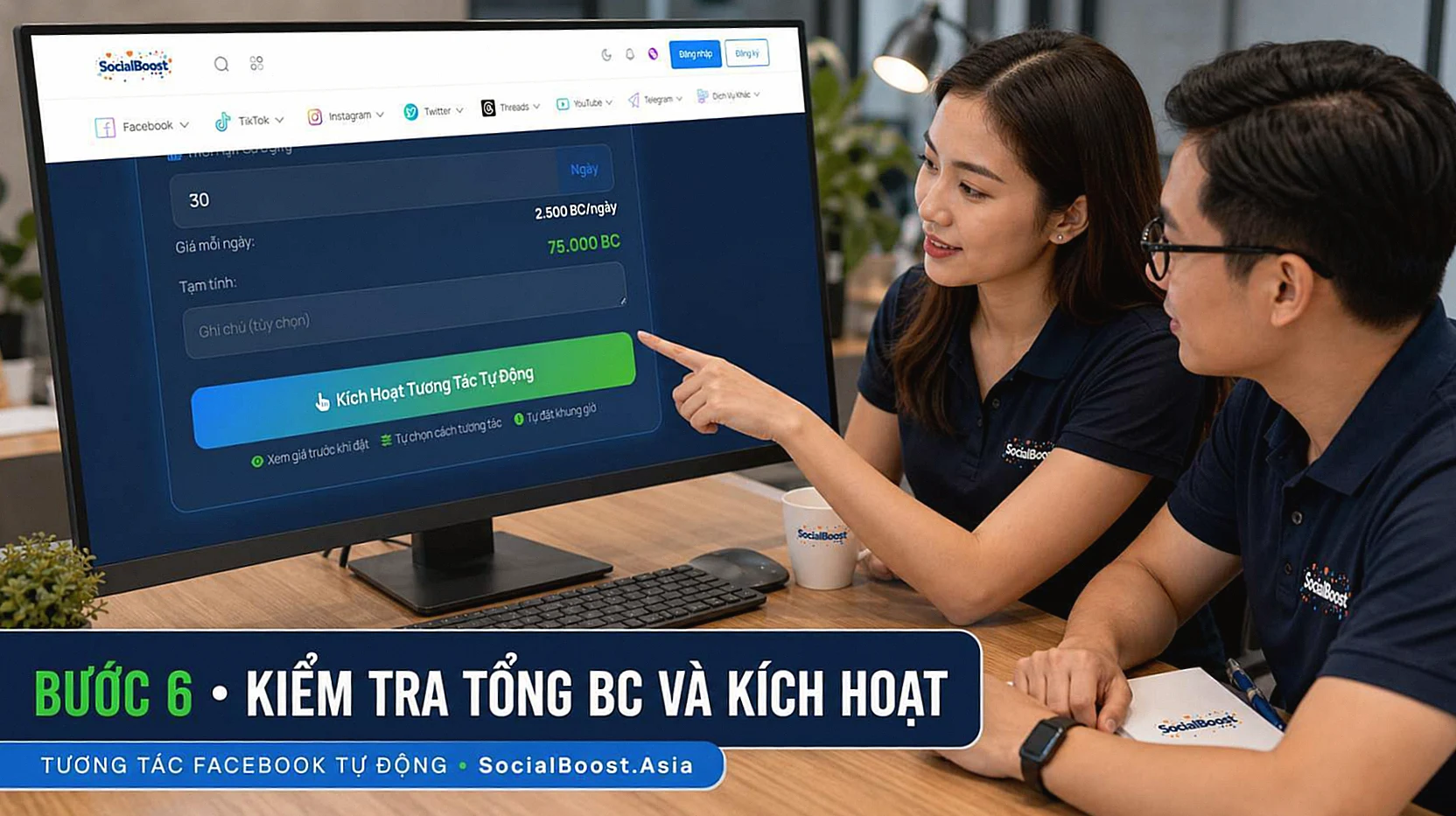 Đội truyền thông thực hiện bước 6 kiểm tra tổng Boost Credit trước khi kích hoạt BOT tương tác Facebook