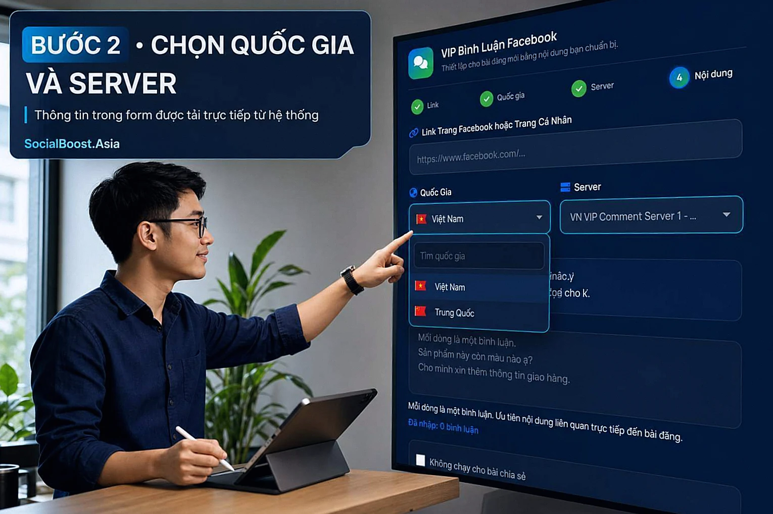Hướng dẫn VIP bình luận Facebook bước 2: Chọn quốc gia và server