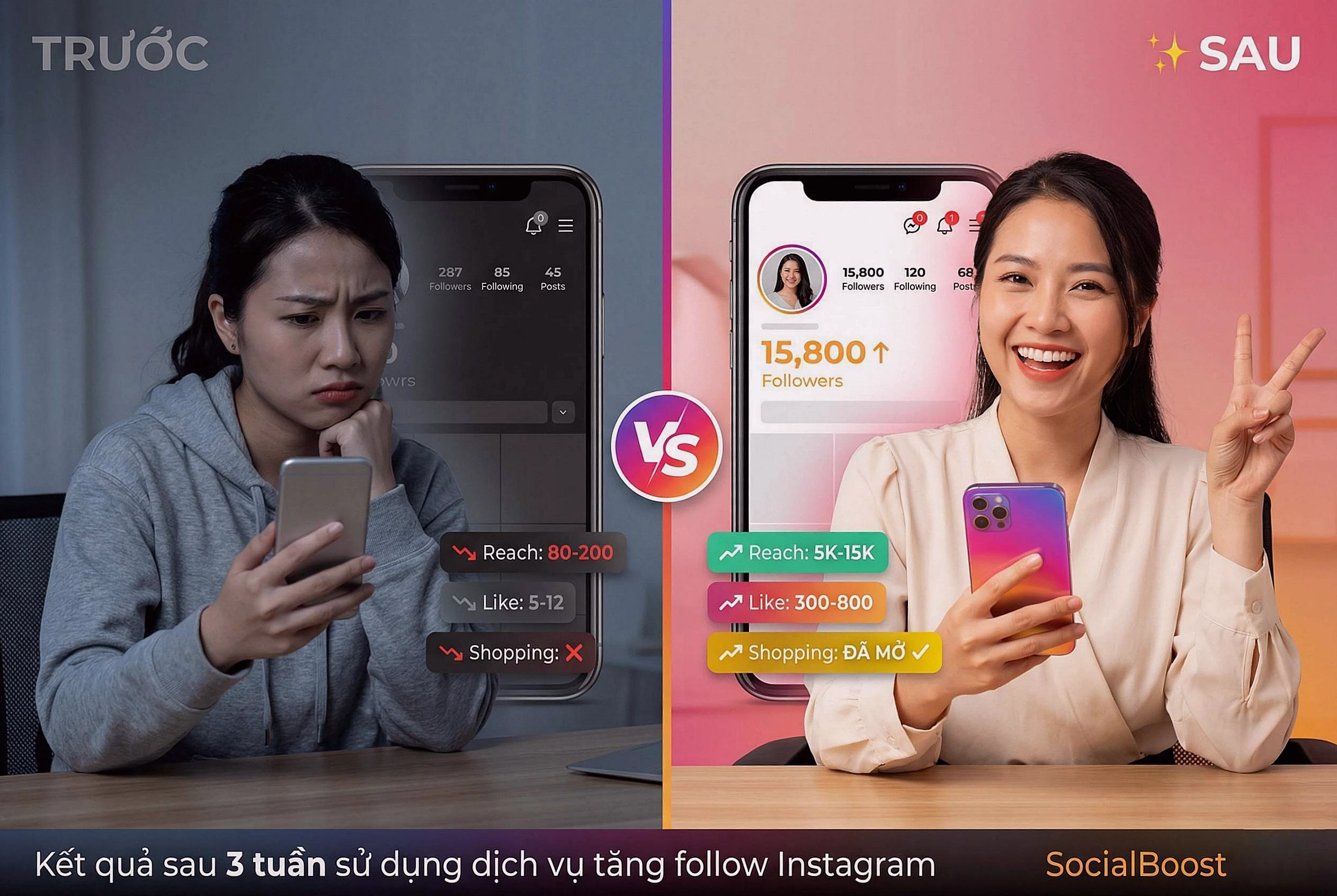 Kết quả trước và sau khi sử dụng dịch vụ tăng follow Instagram - từ 287 lên 15,800 followers sau 3 tuần, reach tăng từ 80-200 lên 5K-15K, mở khóa Shopping