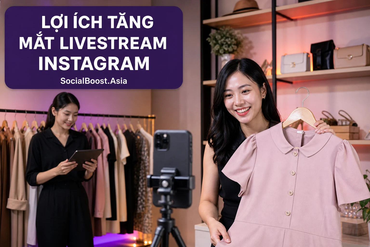 Hai người bán hàng trình bày lợi ích tăng mắt livestream Instagram trong cửa hàng thời trang