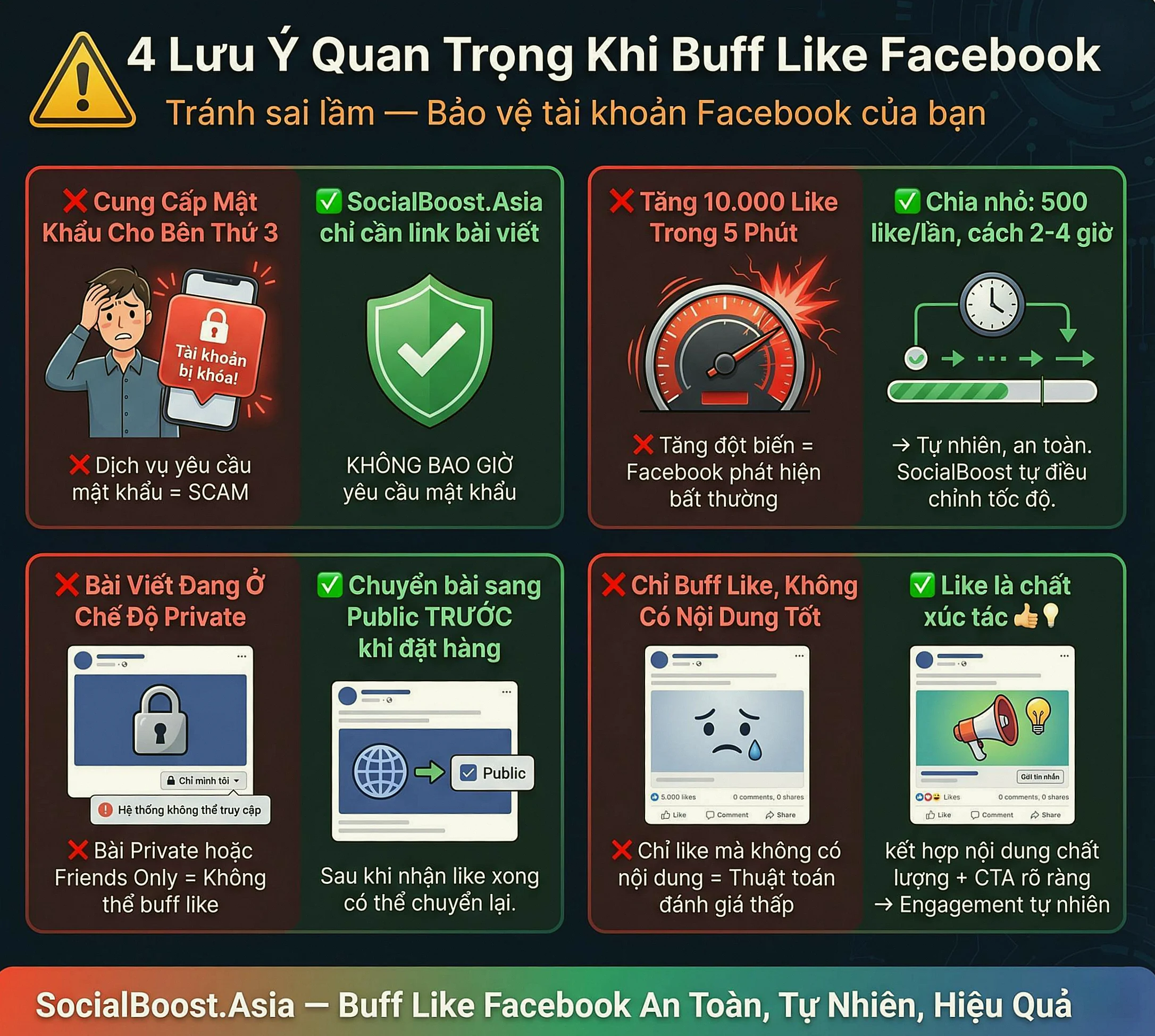 4 lưu ý khi tăng like Facebook - chế độ công khai, tăng dần, link hợp lệ