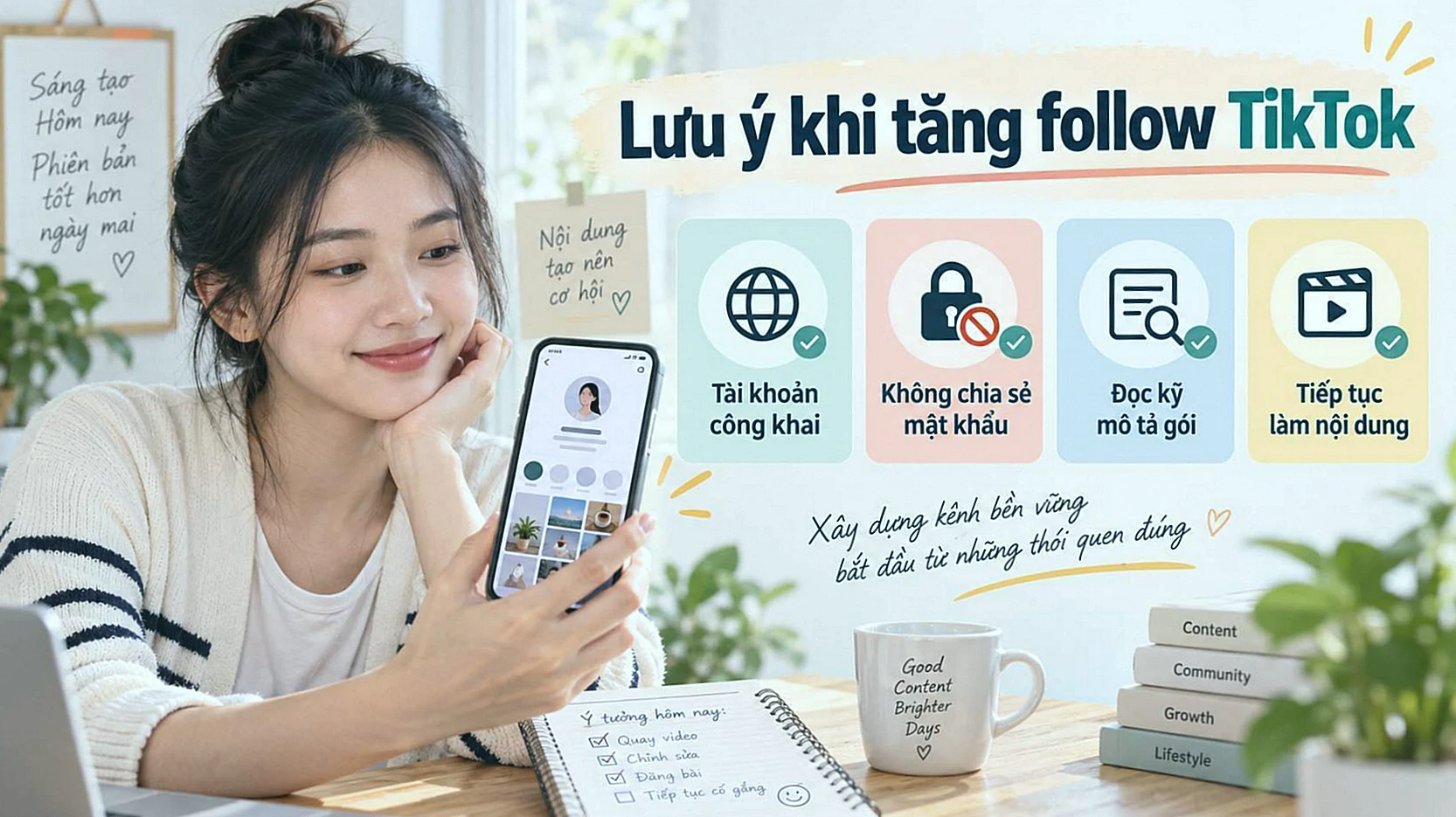 Lưu ý khi tăng follow TikTok: tài khoản công khai, không chia sẻ mật khẩu và đọc kỹ mô tả gói