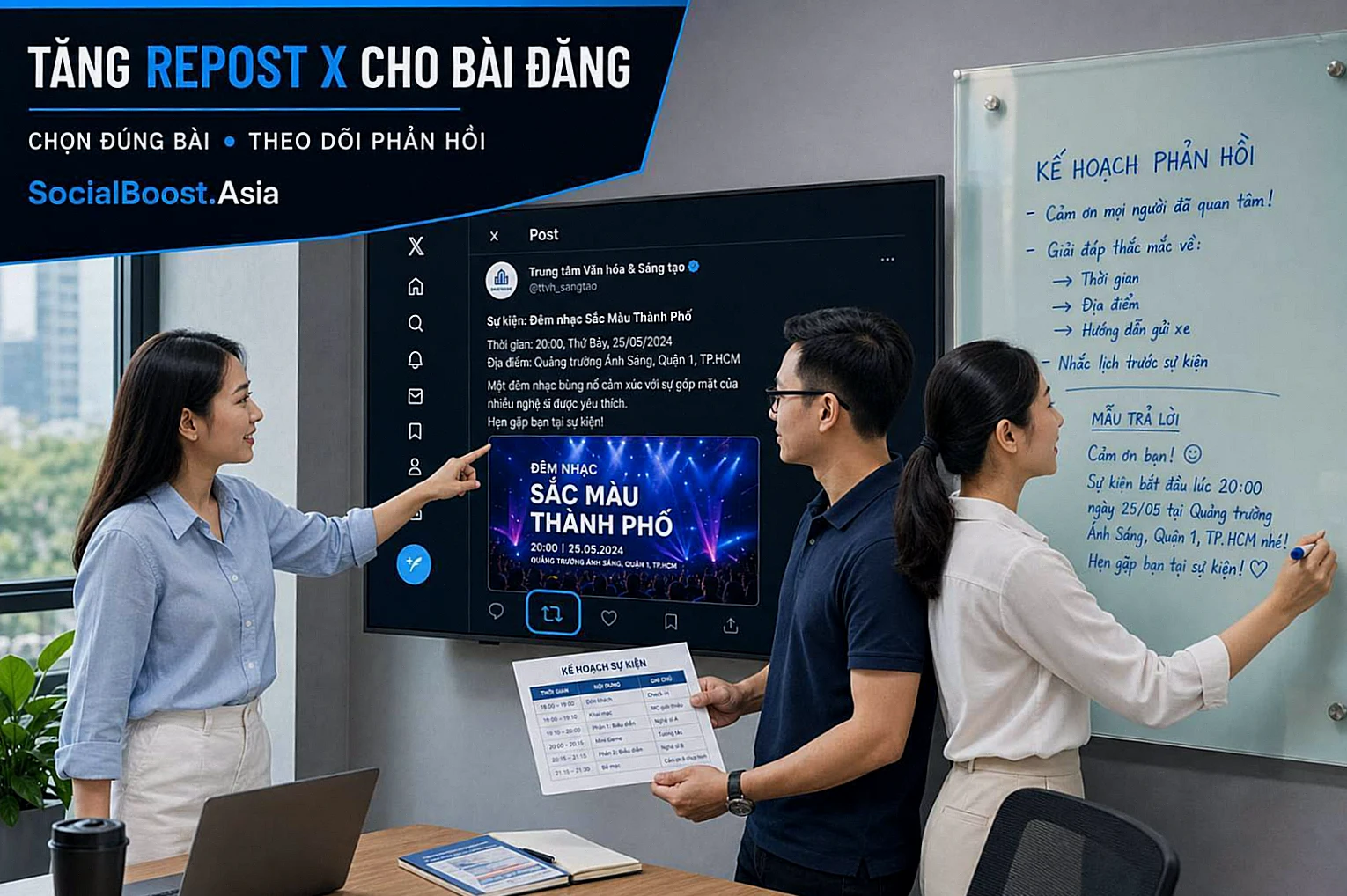 Nhóm truyền thông Việt Nam theo dõi lượt Repost X sau khi đăng bài thông báo sự kiện