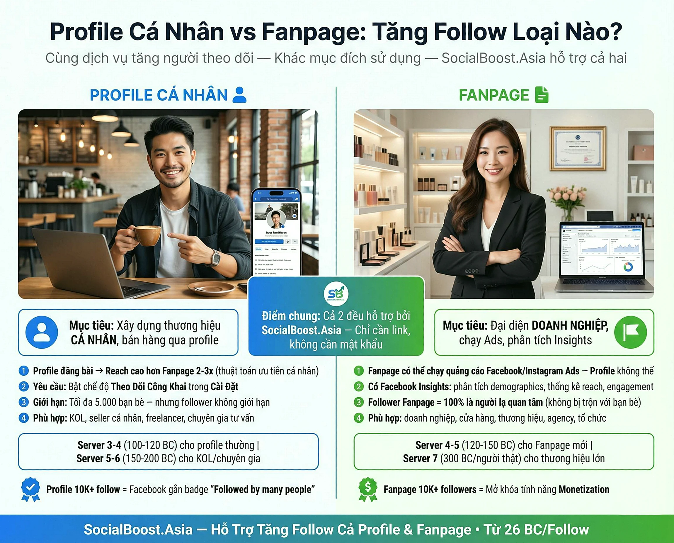 So sánh tăng follow Profile cá nhân và Fanpage Facebook — 2 loại follow