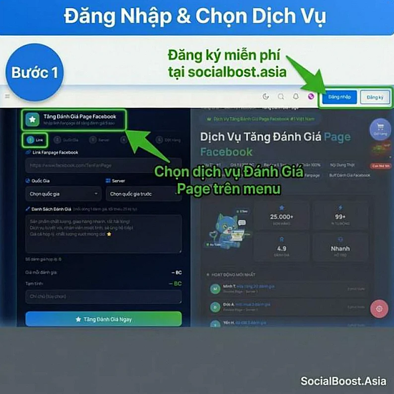 Bước 1 - Đăng nhập và chọn dịch vụ tăng đánh giá Fanpage tại Social Boost Asia