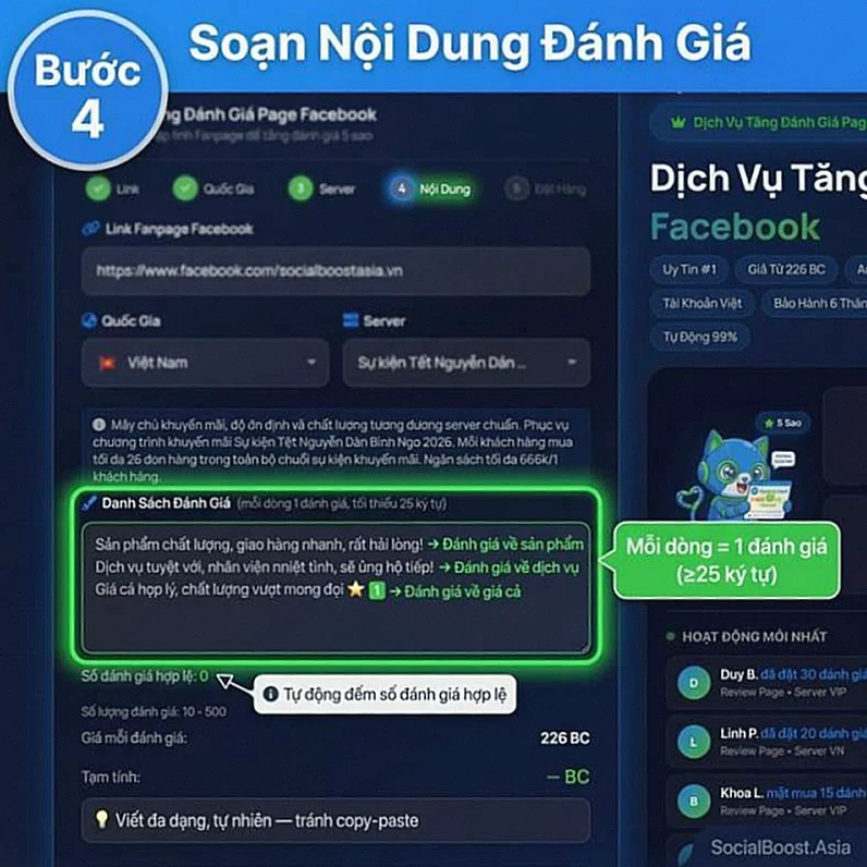 Bước 4 - Soạn nội dung đánh giá Fanpage Facebook tại Social Boost Asia