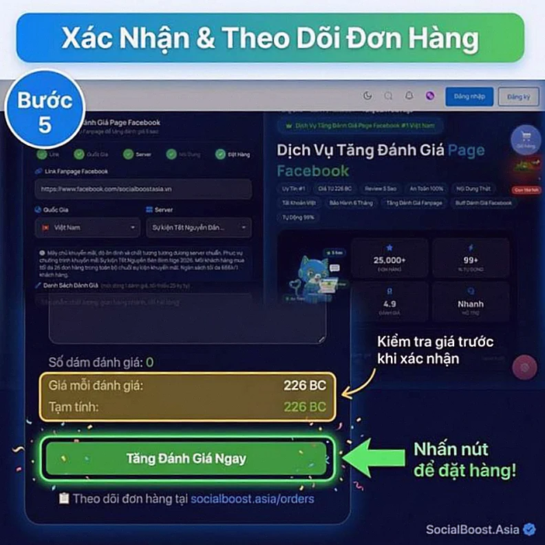Bước 5 - Xác nhận đơn hàng tăng đánh giá Fanpage Facebook tại Social Boost Asia