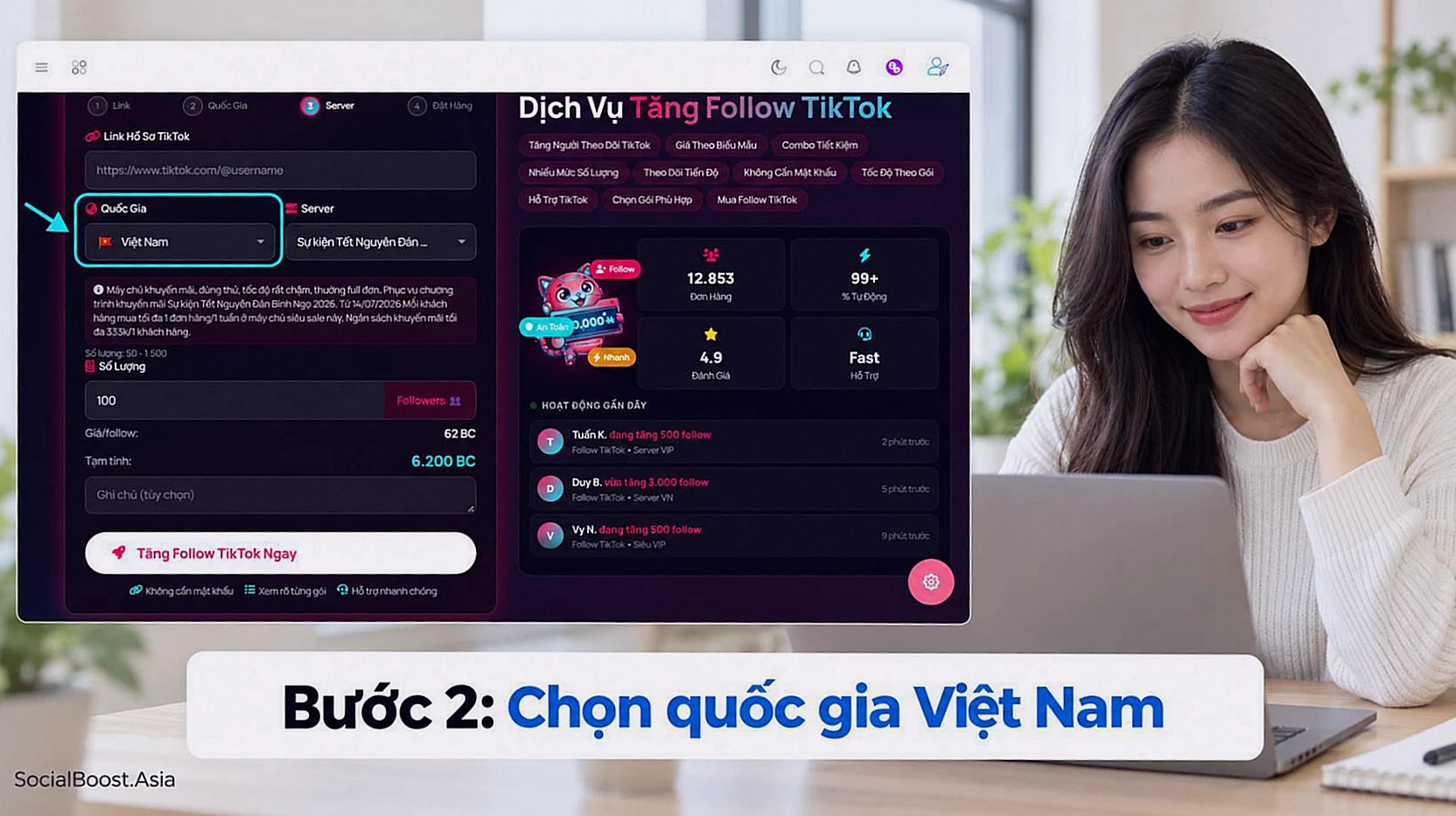 Bước 2 chọn quốc gia Việt Nam trong biểu mẫu tăng follow TikTok