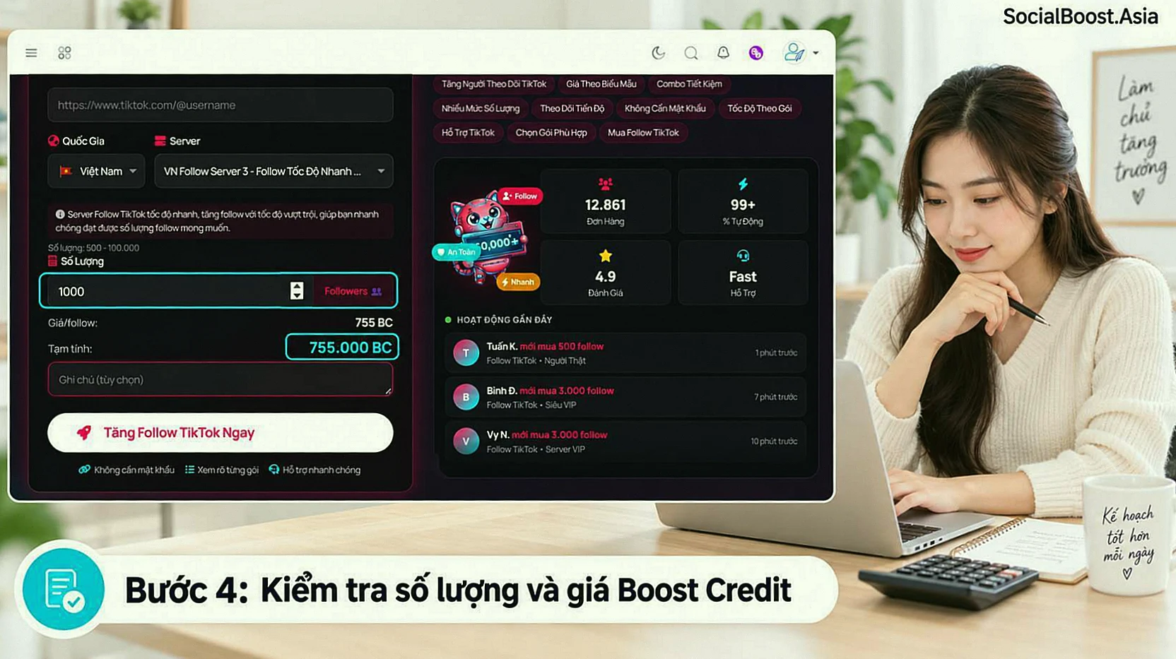 Bước 4 kiểm tra số lượng và giá Boost Credit khi tăng follow TikTok
